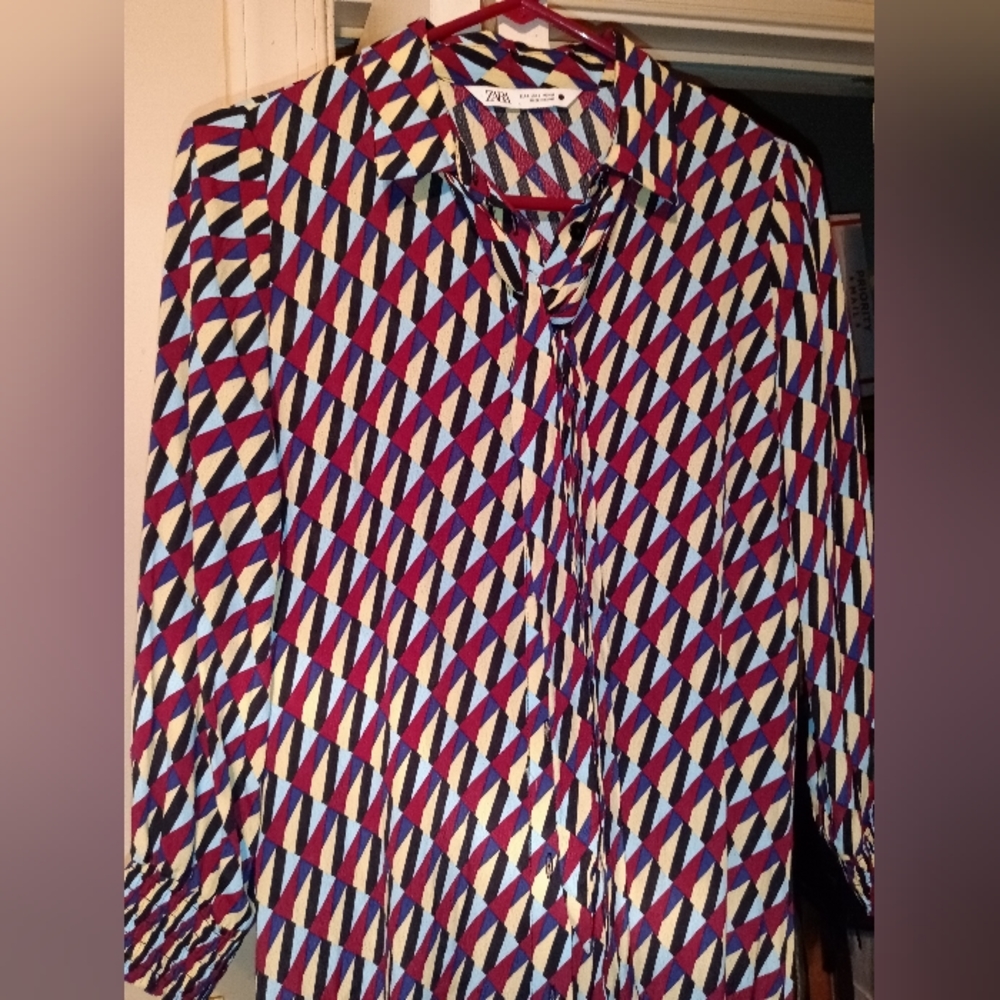 🆕Zara Multicolored Geometric 'Sussy' Tie Maxi Shirt Dress Small